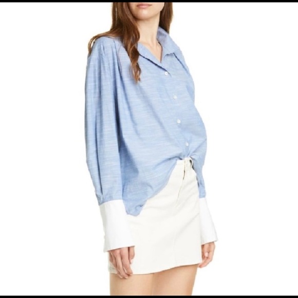 Frame pleated blue contrast button down - Picture 2 of 4